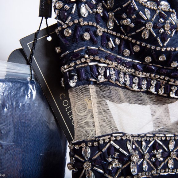 Coya Long Beaded Formal Blue Halter High Neck Keyhole Dress NWT $329 XS - Picture 5 of 14